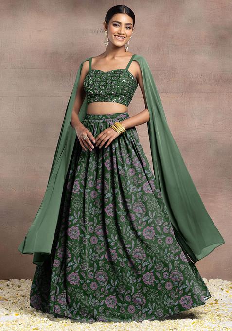 Green Lehenga Set With Swarovski Hand Embroidered Cape Sleeve Blouse