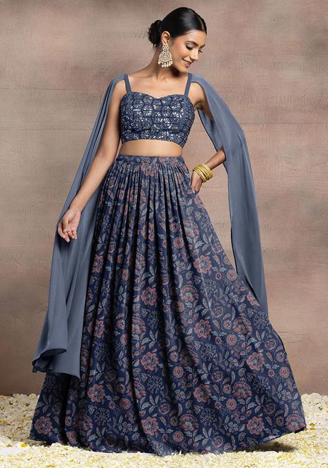 Blue Lehenga Set With Swarovski Hand Embroidered Cape Sleeve Blouse