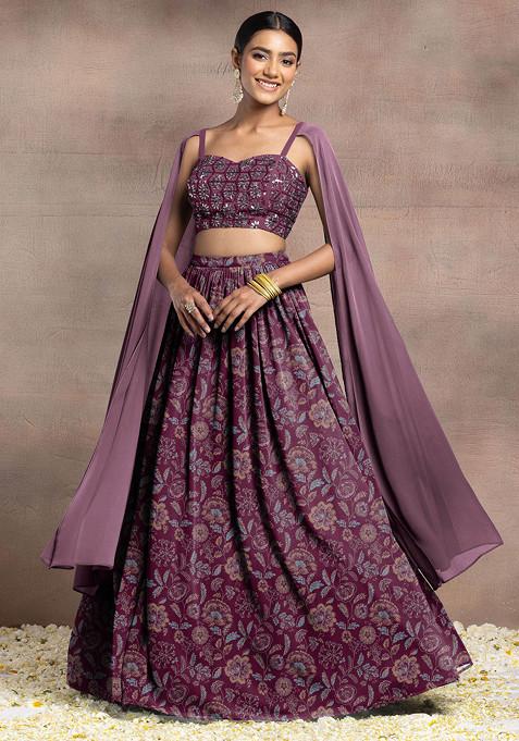 Maroon Lehenga Set With Swarovski Hand Embroidered Cape Sleeve Blouse