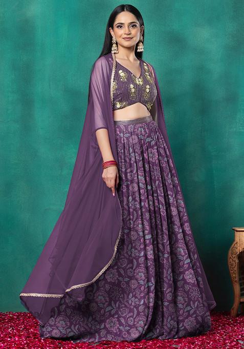 Purple Lehenga Set With Floral Sequin Hand Embroidered Blouse And Dupatta