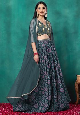 Green Lehenga Set With Sequin Hand Embroidered Blouse And Dupatta