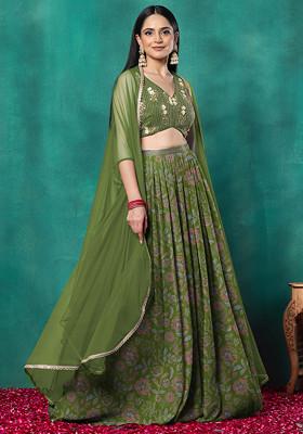 Green Lehenga Set With Sequin Hand Embroidered Blouse And Dupatta