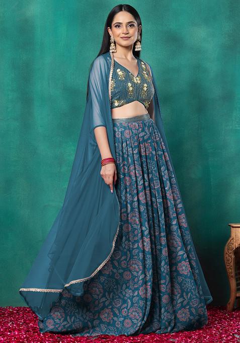 Blue Lehenga Set With Sequin Hand Embroidered Blouse And Dupatta