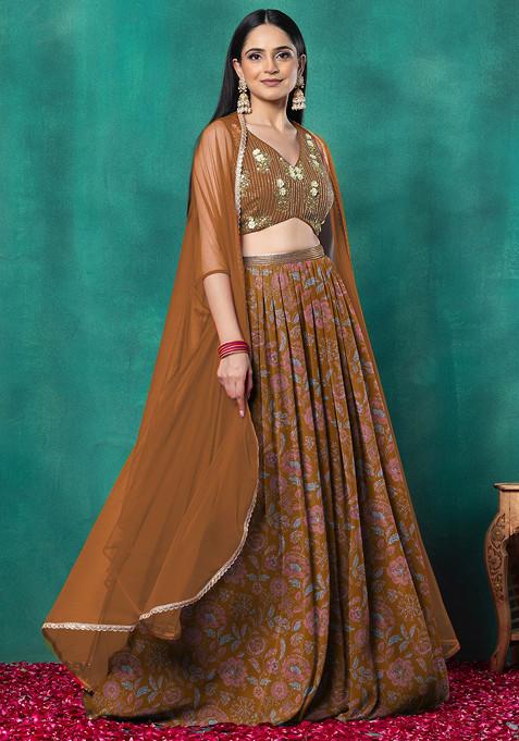 Orange Lehenga Set With Floral Sequin Hand Embroidered Blouse And Dupatta