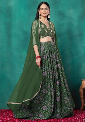 Green Lehenga Set With Floral Sequin Hand Embroidered Blouse And Dupatta
