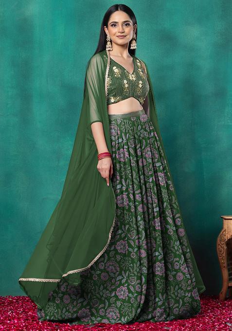 Green Lehenga Set With Floral Sequin Hand Embroidered Blouse And Dupatta