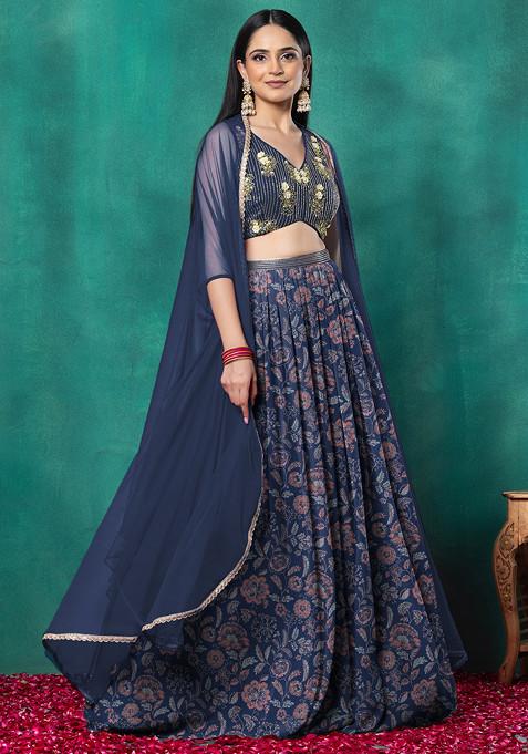 Blue Lehenga Set With Floral Sequin Hand Embroidered Blouse And Dupatta