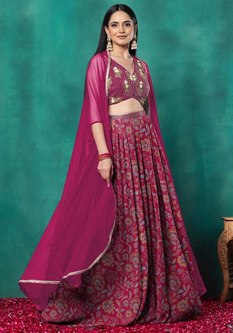 Pink Lehenga Set With Floral Sequin Hand Embroidered Blouse And Dupatta