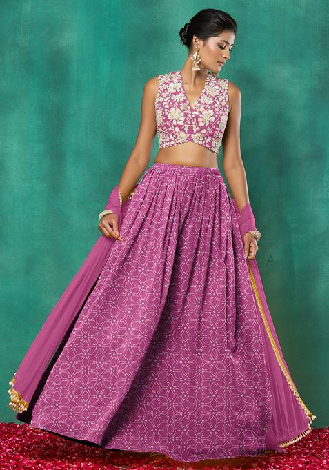 Pink Lehenga Set With Floral Sequin Hand Embroidered Blouse And Dupatta