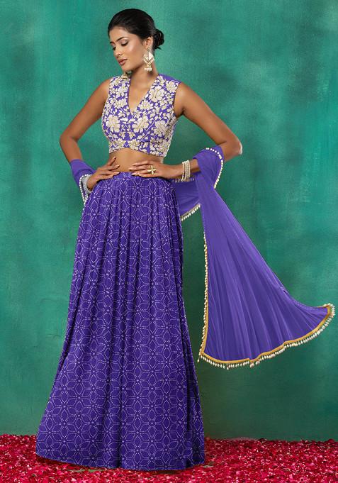 Purple Lehenga Set With Floral Sequin Hand Embroidered Blouse And Dupatta