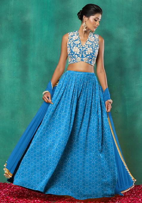 Blue Lehenga Set With Floral Sequin Hand Embroidered Blouse And Dupatta