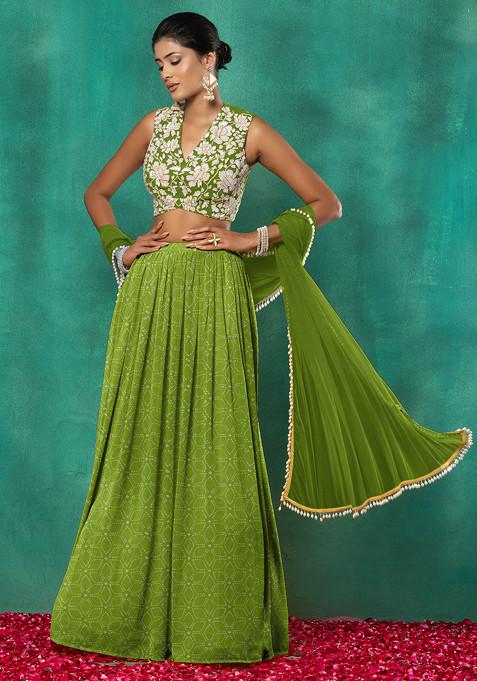 Light Green Lehenga Set With Floral Sequin Hand Embroidered Blouse And Dupatta