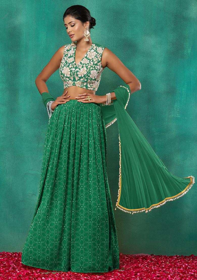 Green Lehenga Set With Floral Sequin Hand Embroidered Blouse And Dupatta
