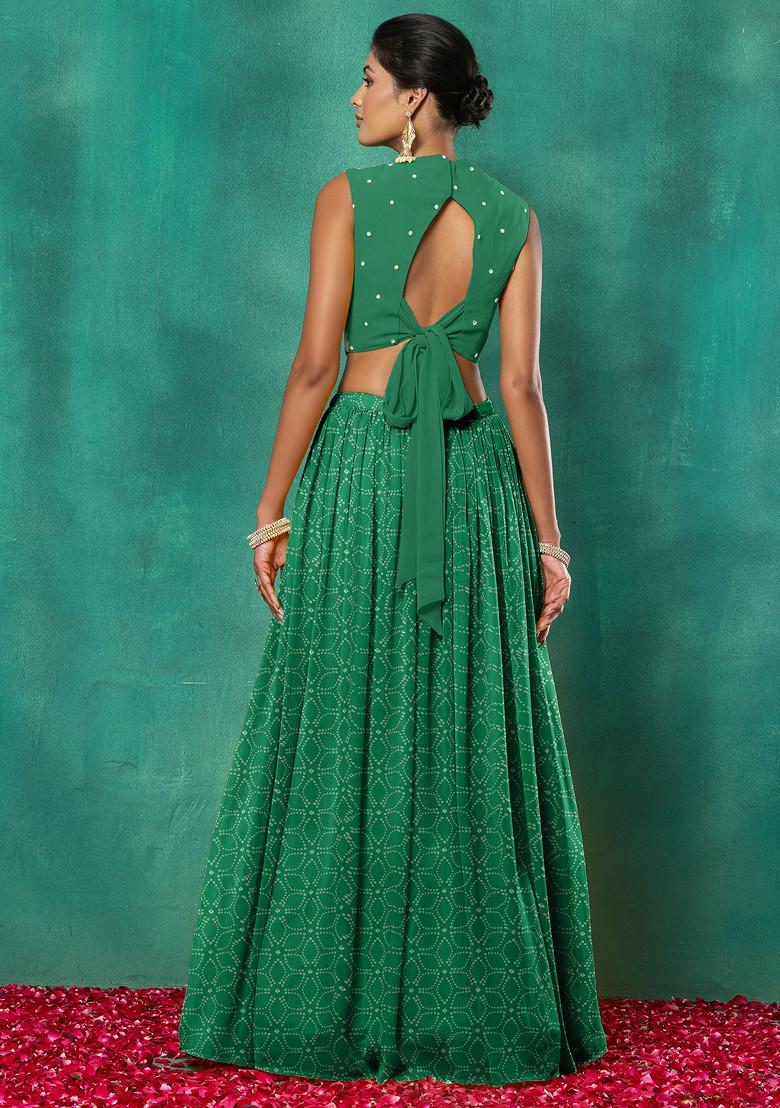 Green Lehenga Set With Floral Sequin Hand Embroidered Blouse And Dupatta