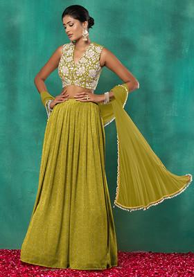 Green Lehenga Set With Sequin Hand Embroidered Blouse And Dupatta