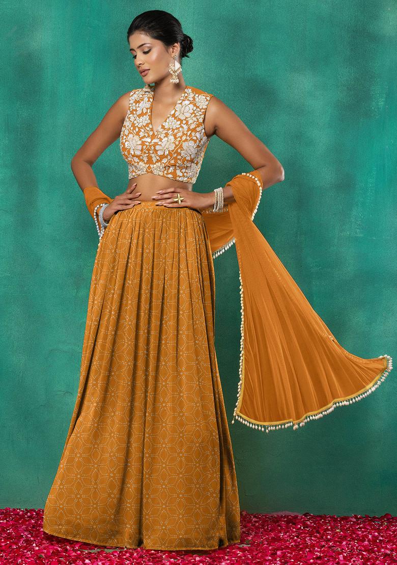 Orange Lehenga Set With Floral Sequin Hand Embroidered Blouse And Dupatta