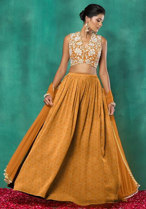 Orange Lehenga Set With Floral Sequin Hand Embroidered Blouse And Dupatta