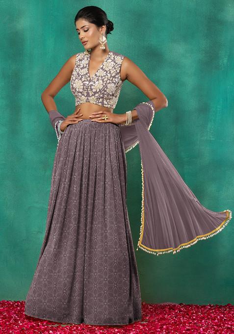 Grey Lehenga Set With Floral Sequin Hand Embroidered Blouse And Dupatta