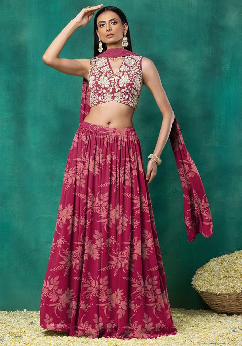 Red Lehenga Set With Sequin Hand Embroidered Blouse And Choker Dupatta