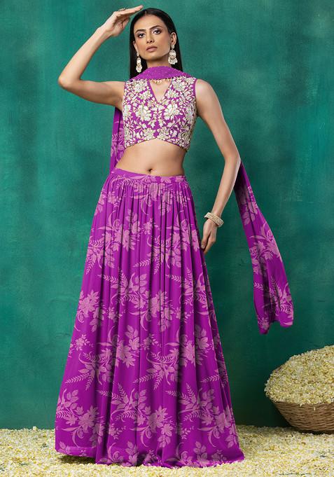 Purple Lehenga Set With Sequin Hand Embroidered Blouse And Choker Dupatta