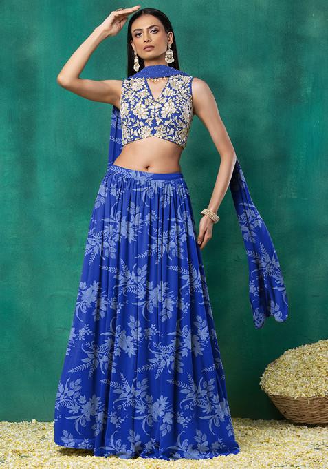 Blue Lehenga Set With Sequin Hand Embroidered Blouse And Dupatta