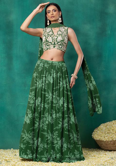 Green Lehenga Set With Sequin Hand Embroidered Blouse And Choker Dupatta