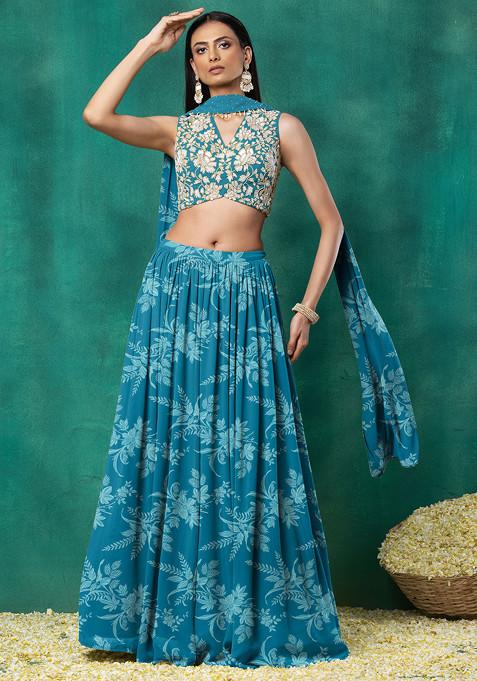 Blue Lehenga Set With Sequin Hand Embroidered Blouse And Choker Dupatta