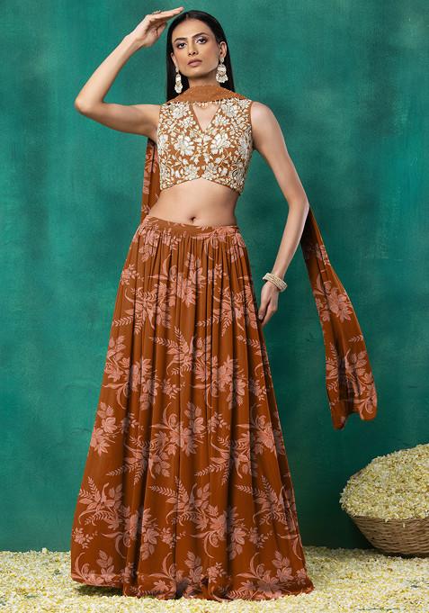 Brown Lehenga Set With Sequin Hand Embroidered Blouse And Choker Dupatta