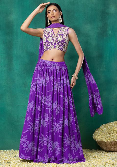 Purple Lehenga Set With Floral Hand Embroidered Blouse And Choker Dupatta