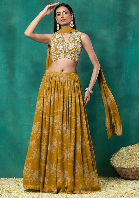 Yellow Lehenga Set With Sequin Hand Embroidered Blouse And Choker Dupatta