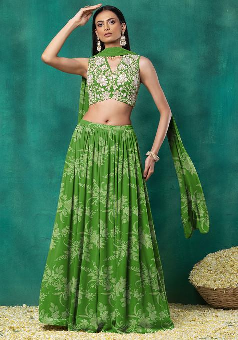 Green Lehenga Set With Floral Hand Embroidered Blouse And Choker Dupatta