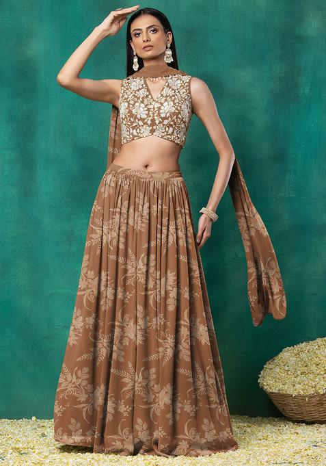 Brown Lehenga Set With Floral Sequin Hand Embroidered Blouse And Choker Dupatta