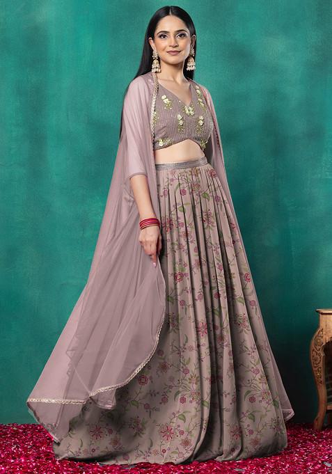 Peach Lehenga Set With Floral Sequin Hand Embroidered Blouse And Choker Dupatta