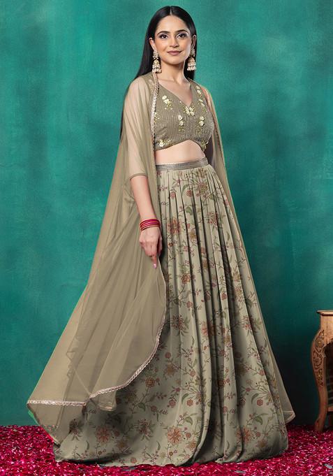 Beige Lehenga Set With Floral Sequin Hand Embroidered Blouse And Choker Dupatta