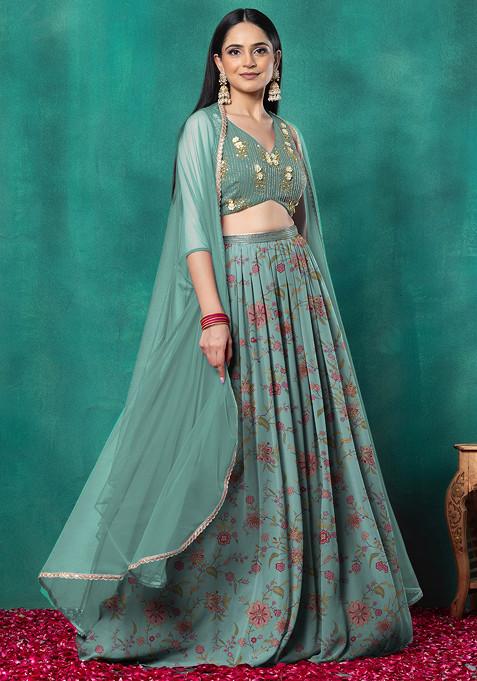 Blue Lehenga Set With Floral Hand Embroidered Blouse And Choker Dupatta