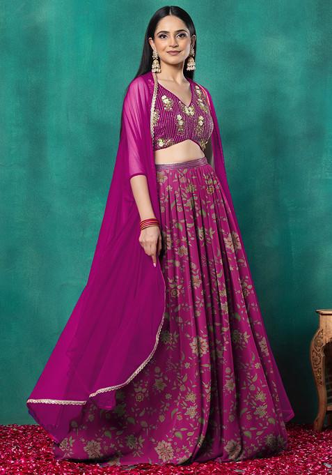 Pink Lehenga Set With Floral Sequin Hand Embroidered Blouse And Choker Dupatta