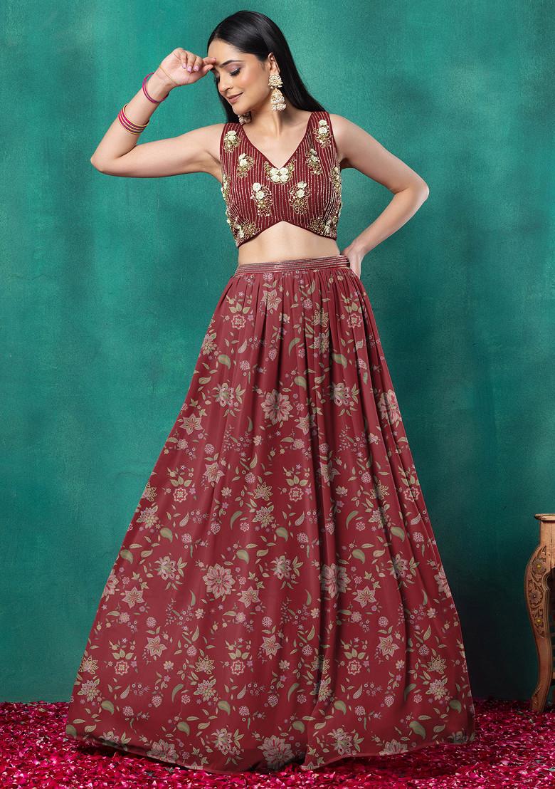 Maroon Lehenga Set With Floral Sequin Hand Embroidered Blouse And Choker Dupatta