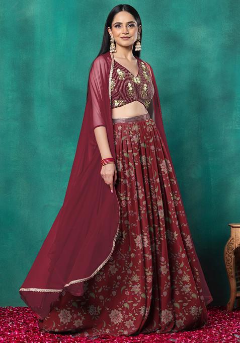 Maroon Lehenga Set With Floral Sequin Hand Embroidered Blouse And Choker Dupatta