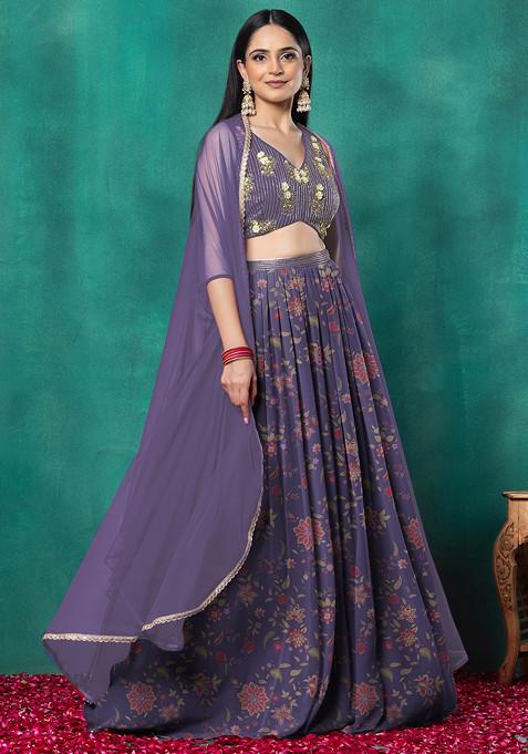 Purple Lehenga Set With Floral Sequin Hand Embroidered Blouse And Choker Dupatta