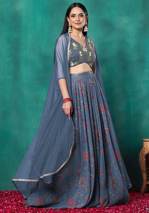 Blue Lehenga Set With Floral Sequin Hand Embroidered Blouse And Choker Dupatta