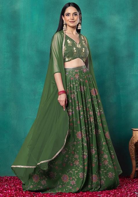 Green Lehenga Set With Floral Sequin Hand Embroidered Blouse And Choker Dupatta