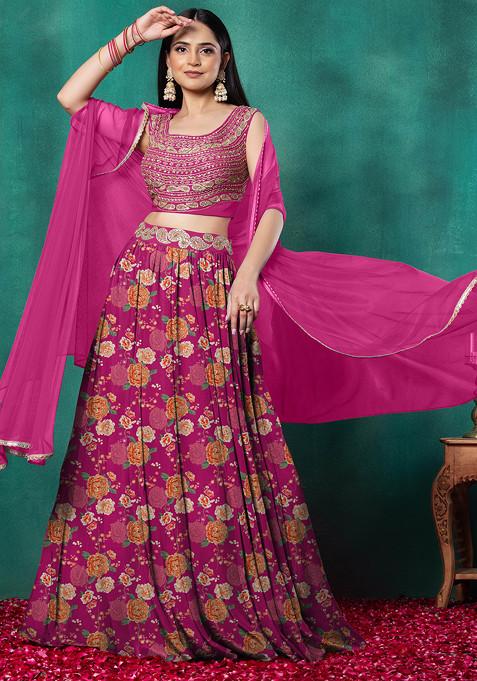 Fuchsia Pink Lehenga Set With Paisley Hand Embroidered Blouse And Dupatta