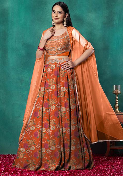 Dark Orange Lehenga Set With Paisley Hand Embroidered Blouse And Dupatta