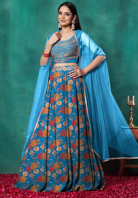 Light Blue Lehenga Set With Paisley Hand Embroidered Blouse And Dupatta