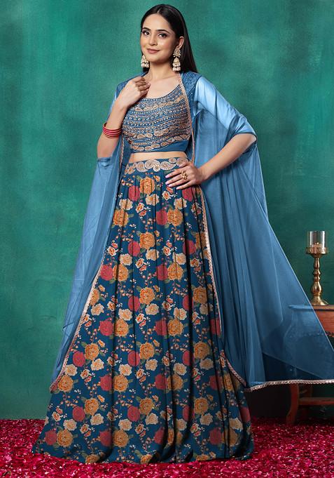 Navy Blue Lehenga Set With Paisley Hand Embroidered Blouse And Dupatta