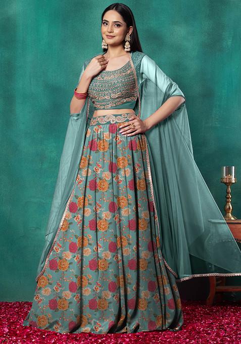 Sky Blue Lehenga Set With Paisley Hand Embroidered Blouse And Dupatta