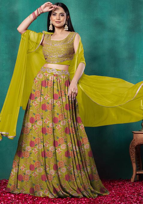 Lime Green Lehenga Set With Paisley Hand Embroidered Blouse And Dupatta