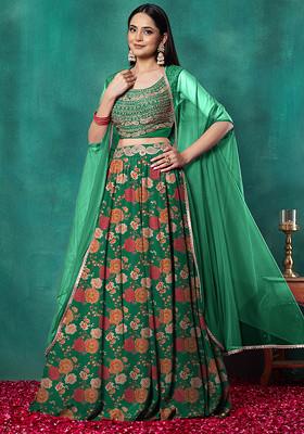 Dark Green Lehenga Set With Paisley Hand Embroidered Blouse And Dupatta