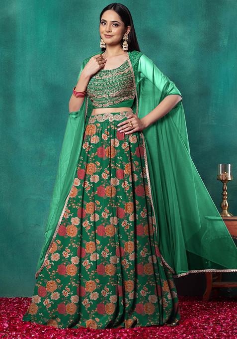 Dark Green Lehenga Set With Paisley Hand Embroidered Blouse And Dupatta