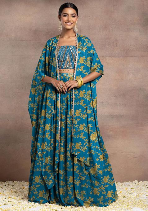 Sea Blue Lehenga Set With Hand Embroidered Blouse And Cape